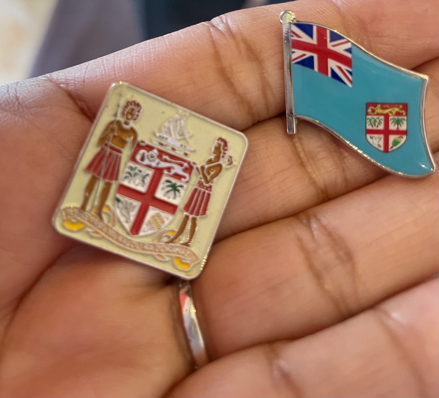 Fiji flag and Fiji coat of arms pins held in a hand